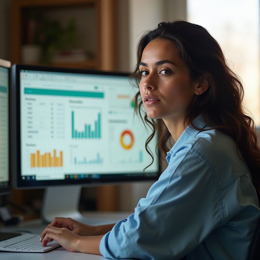 Financial researcher working with data at a modern workspace