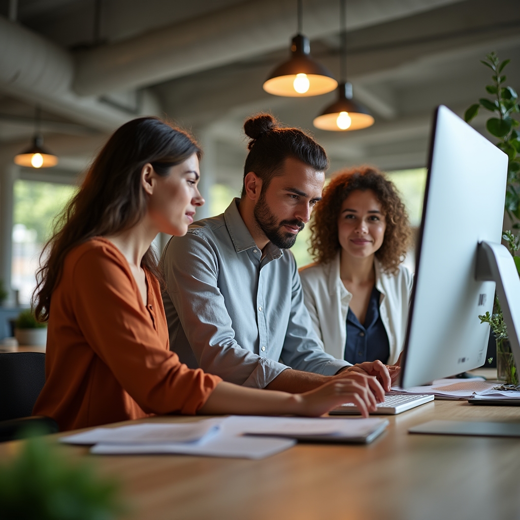 Fundalario non-profit team working in Madrid office discussing financial education research